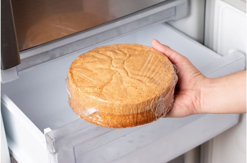 osoba chowająca ofoliowany biszkopt do zamrażarki