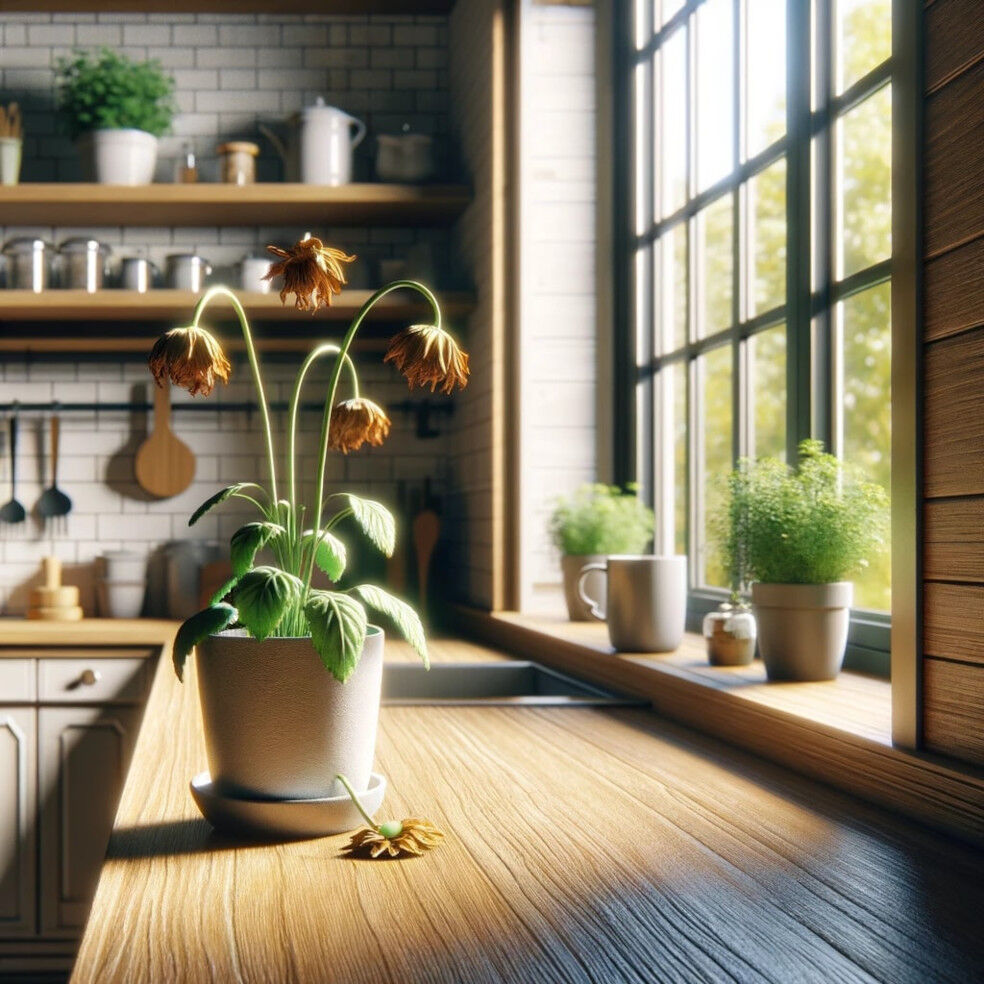 usychający kwiat doniczkowy