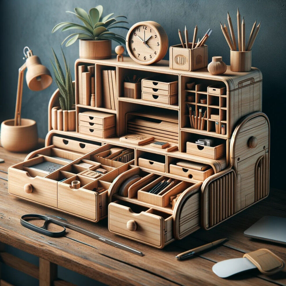 drewniany organizer na biurko