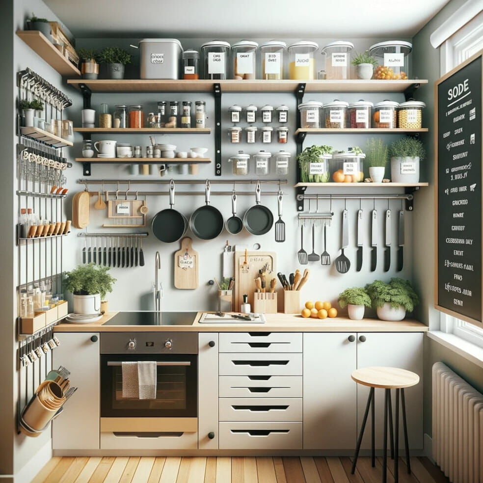 Mała kuchnia z wieszakami na akcesoria kuchenne