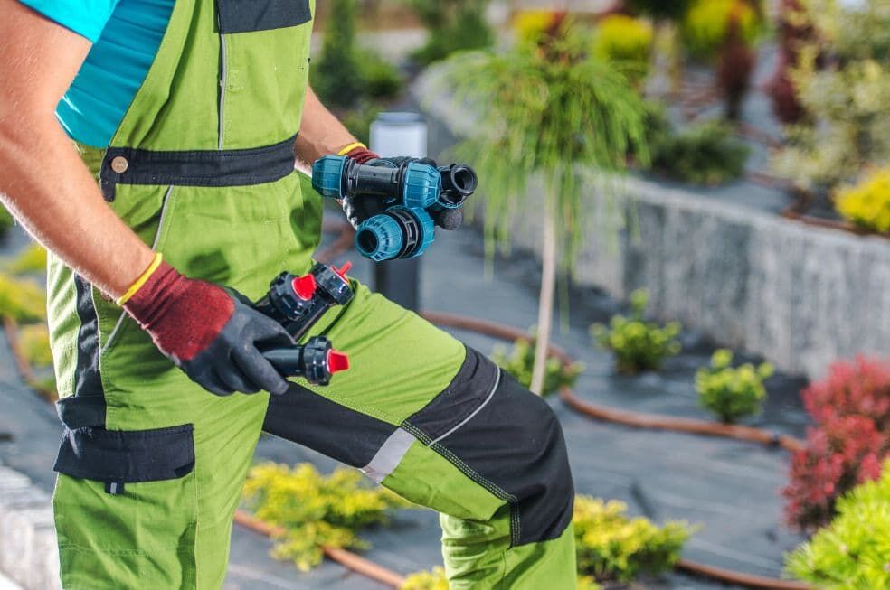 mężczyzna trzymający części do systemu nawadniania