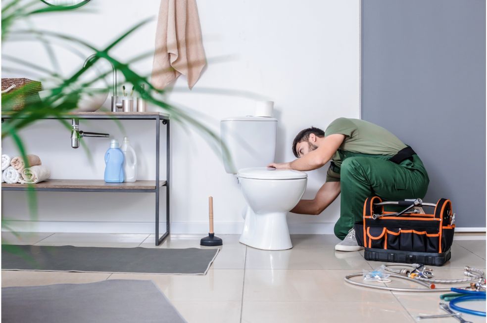 mężczyzna naprawiający odpływ przy muszli WC