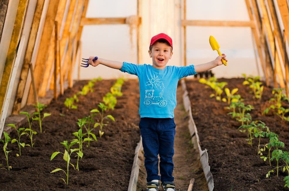 chłopczyk z narzędziami ogrodniczymi przy grządkach