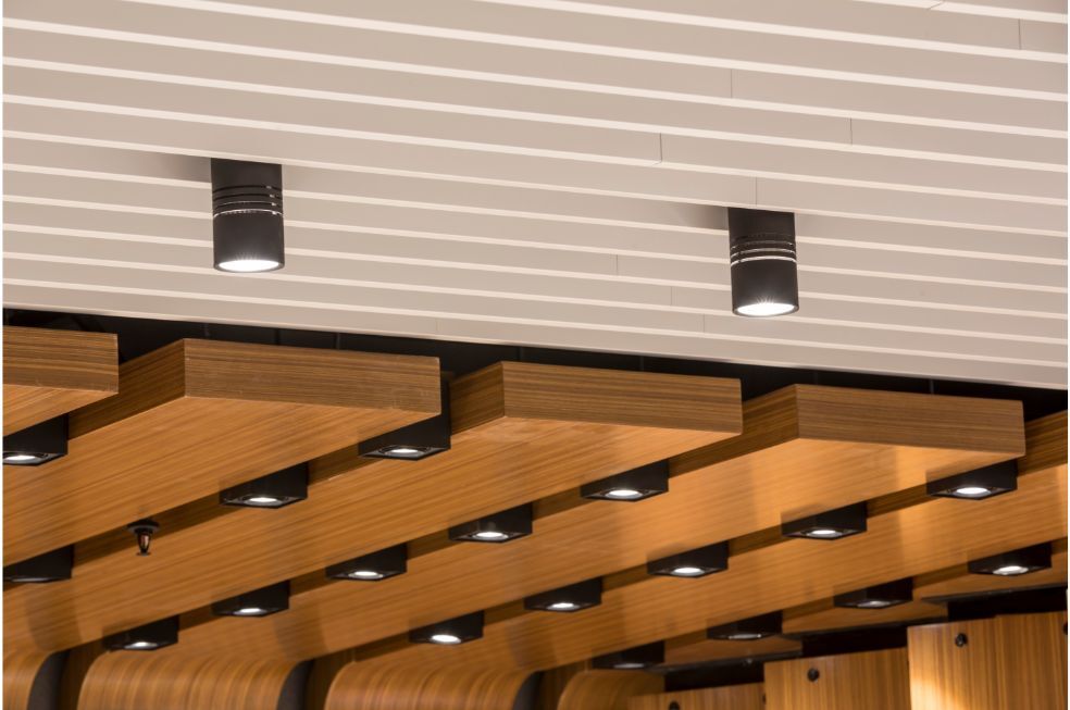 nowoczesny sufit podwieszany z drewna z wystającymi halogenami