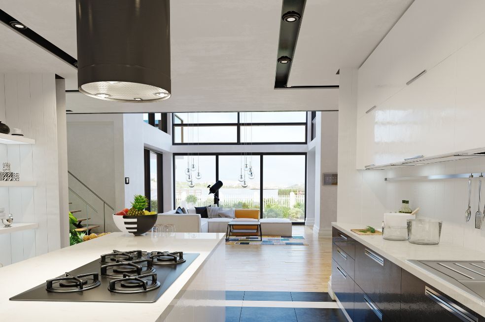 nowoczesna kuchnia z wyspą w biało-czarnych kolorach